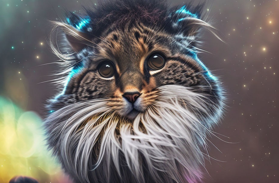 Whimsical futuristic cat art with blue glow and starry backdrop