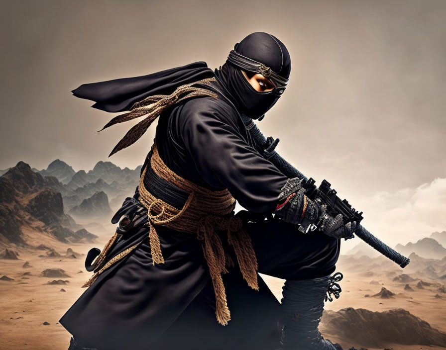 Ninja in black outfit with sword on rocky terrain under cloudy sky