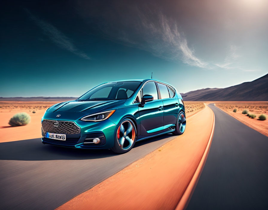 Metallic Blue Car Driving on Empty Desert Road Under Clear Blue Sky