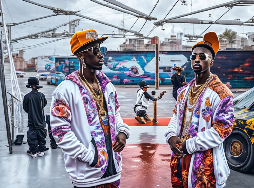 Fashionable men in vibrant attire pose confidently in urban scene with graffiti and skateboarder.