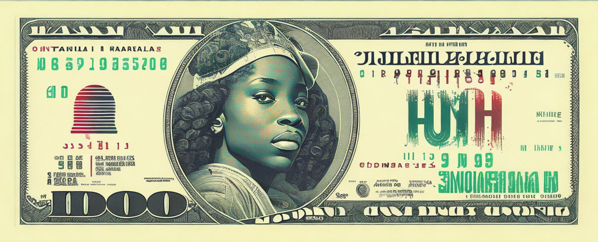 Stylized artwork of $1000 bill with woman portrait & altered text