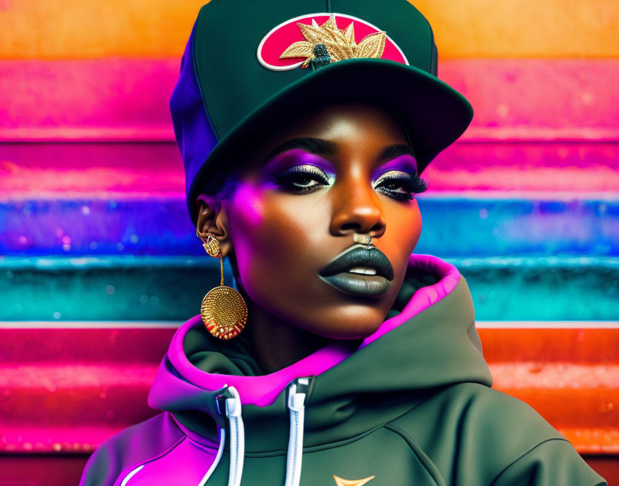 Woman with striking makeup and green cap against colorful striped background in hoodie and gold earrings