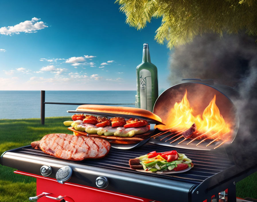 Outdoor Grilling Scene by the Sea with Large Sandwich and Barbecue Meats