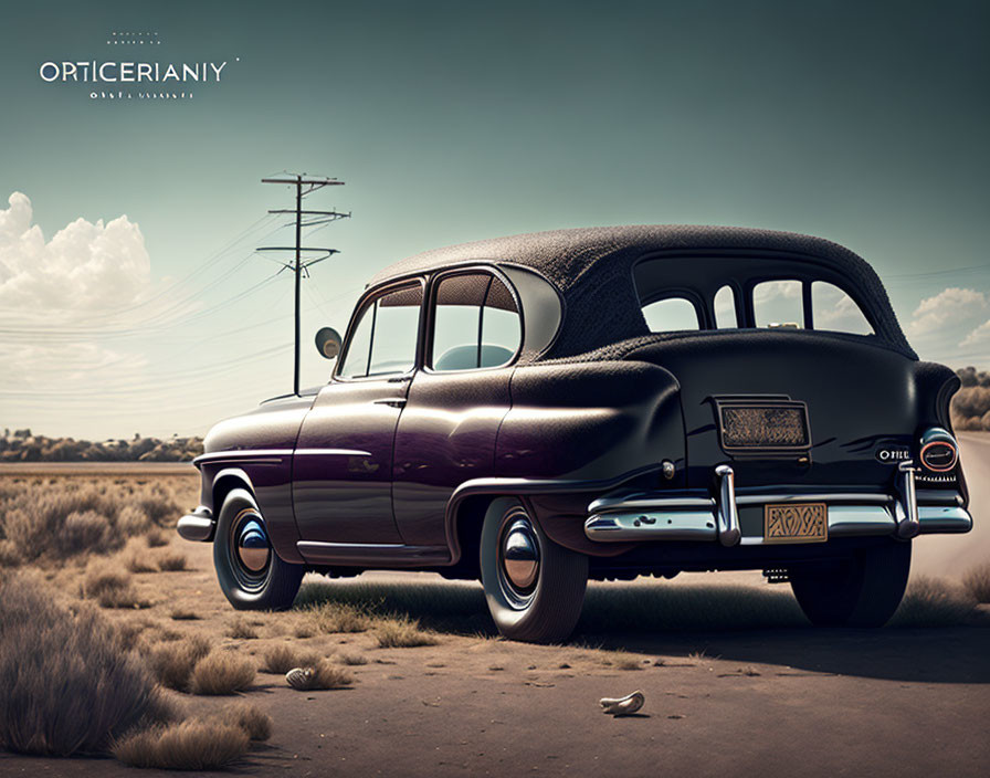 Purple vintage car in desert with power lines & glasses on roof