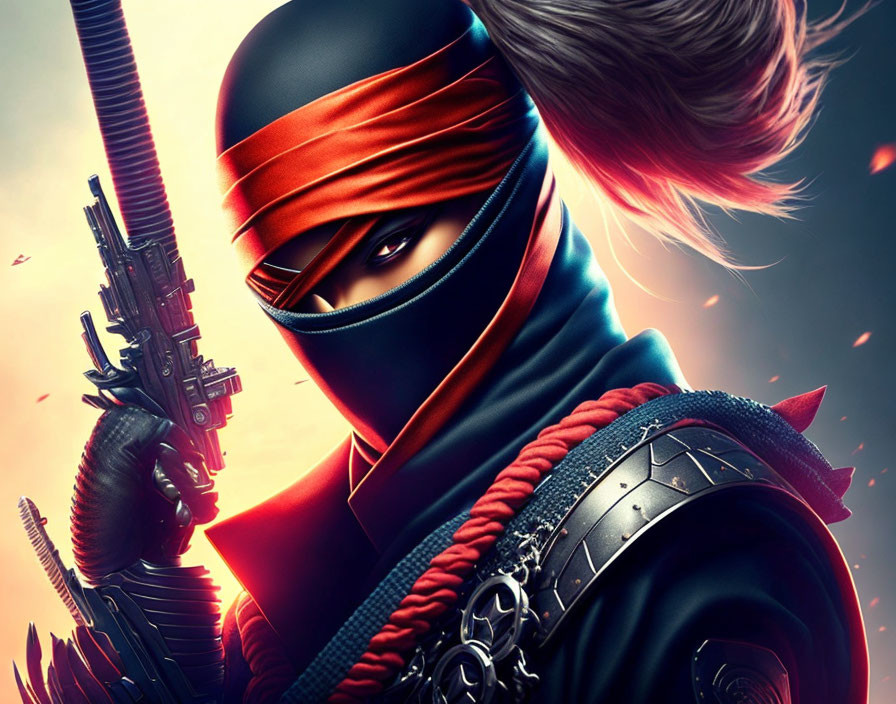 Stylized ninja with gun and sword in vibrant red and blue attire against fiery backdrop