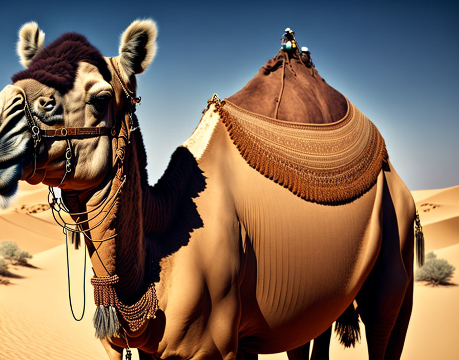 Decorated Camel with Saddle in Desert Landscape