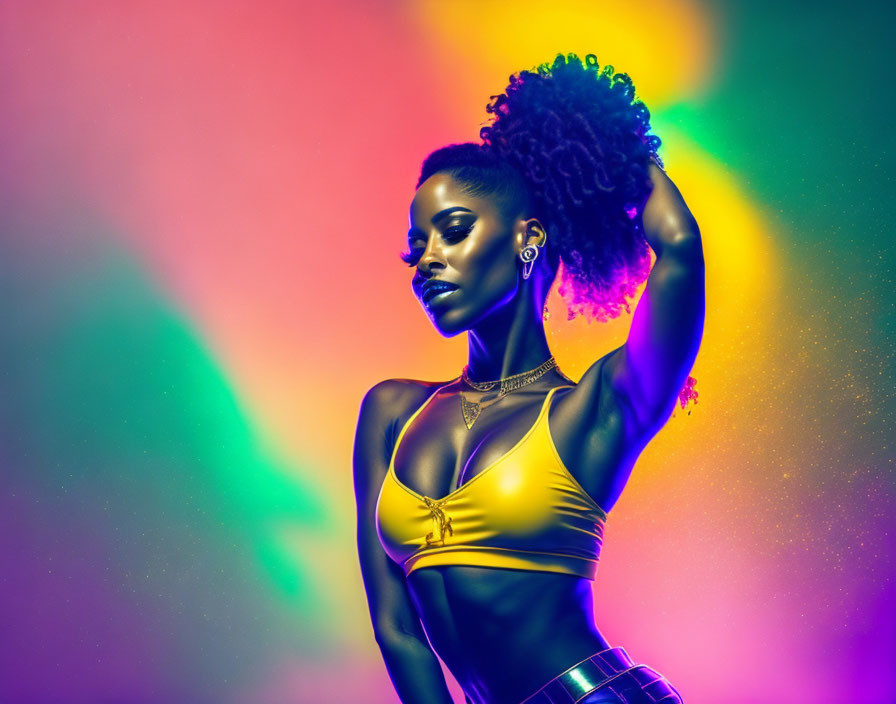 Confident woman with afro in yellow top on vibrant multicolored background