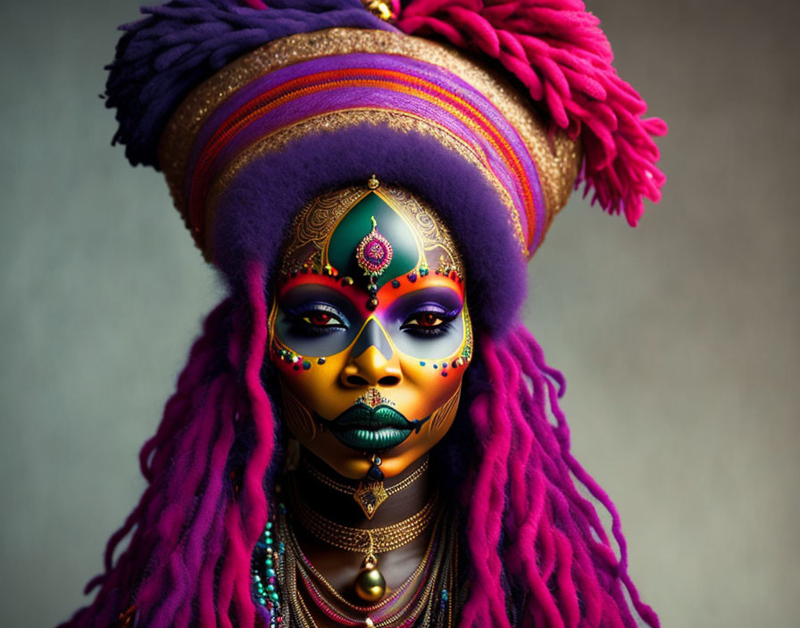 Person with intricate face paint and purple headwrap adorned with jewelry