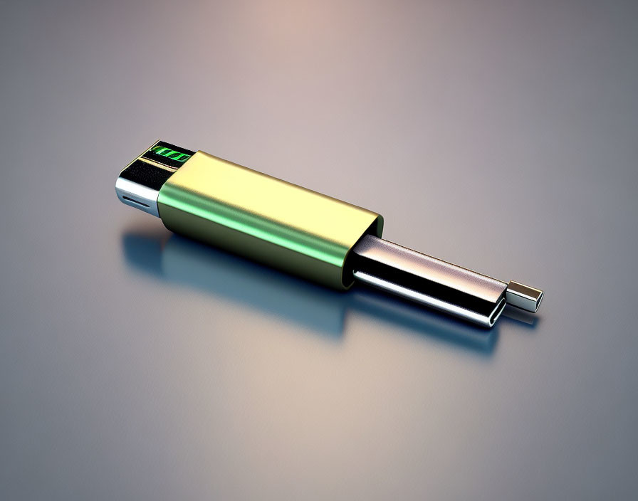 Metallic body USB flash drive with green LED on grey gradient.