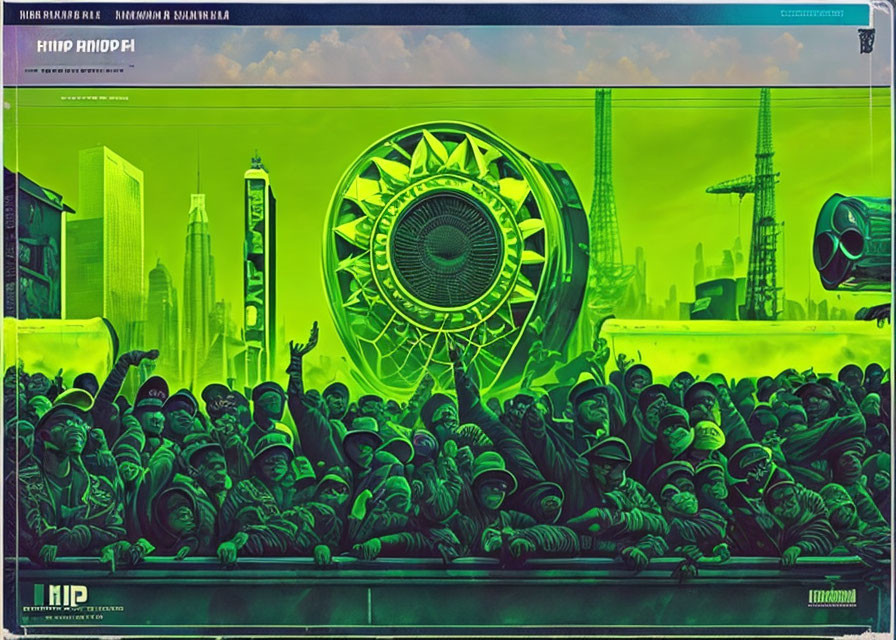 Green-hued futuristic concert poster with crowd, stage, mechanical designs, cityscape.