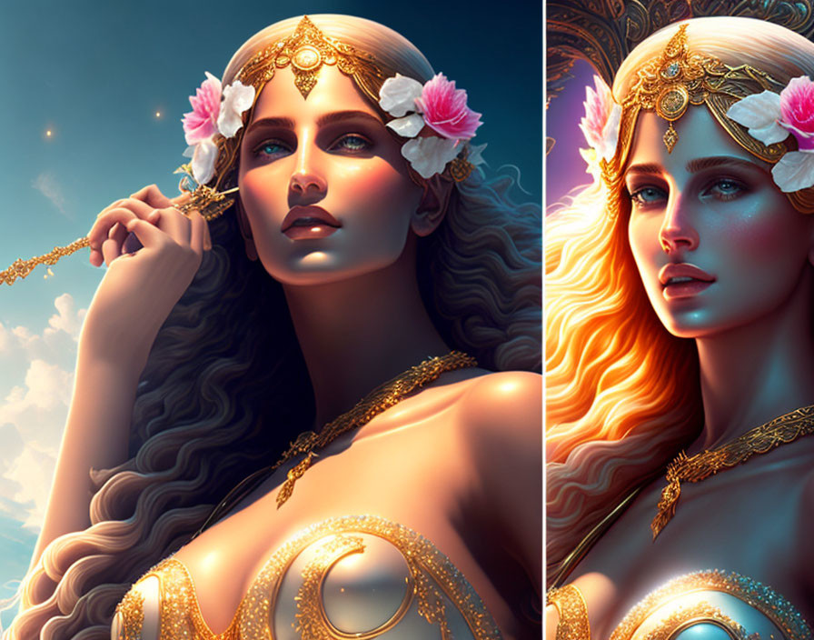 Fantastical woman with golden accessories in celestial setting