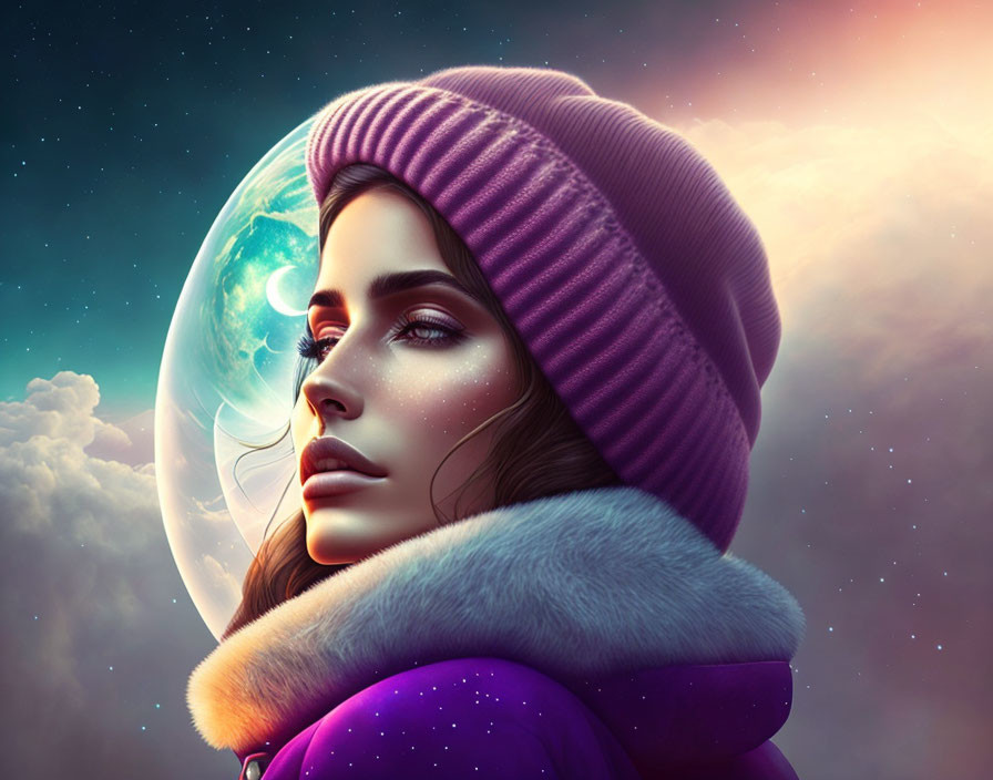 Woman in Purple Jacket with Cosmic Background and Moon Overlay