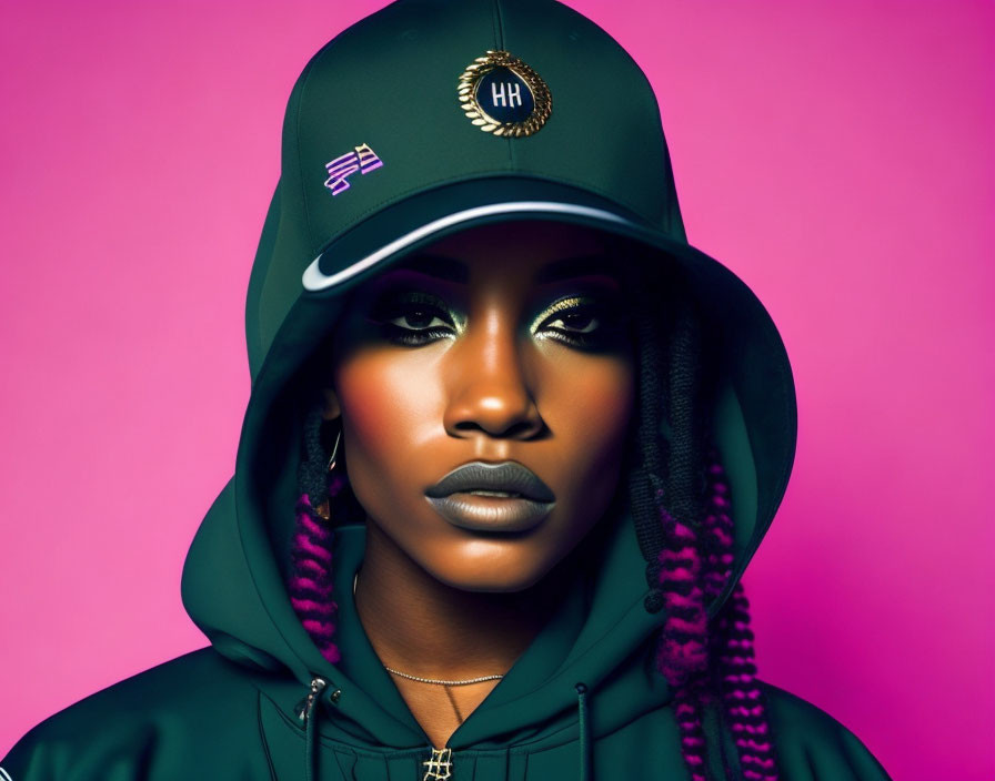 Striking makeup and braided hair with cap and hoodie on pink backdrop