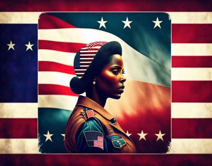 Stylized portrait of a patriotic woman with American flag backdrop and vintage aviation hat