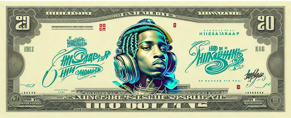 Stylized banknote with man wearing headphones and hip-hop design.