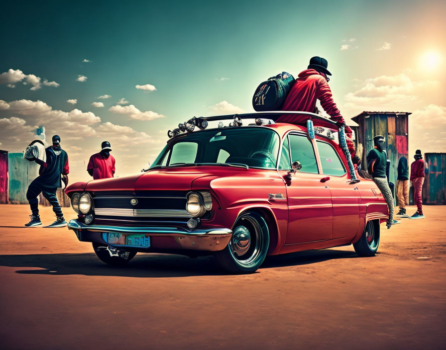 Classic Red Car with Chrome Accents and Surfboard, Stylish People, Cloudy Sky