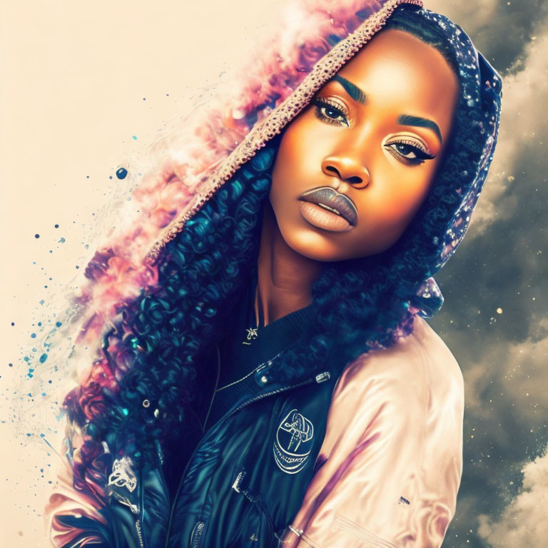 Digital artwork featuring woman with cosmic smoke effect on hood & bold makeup.