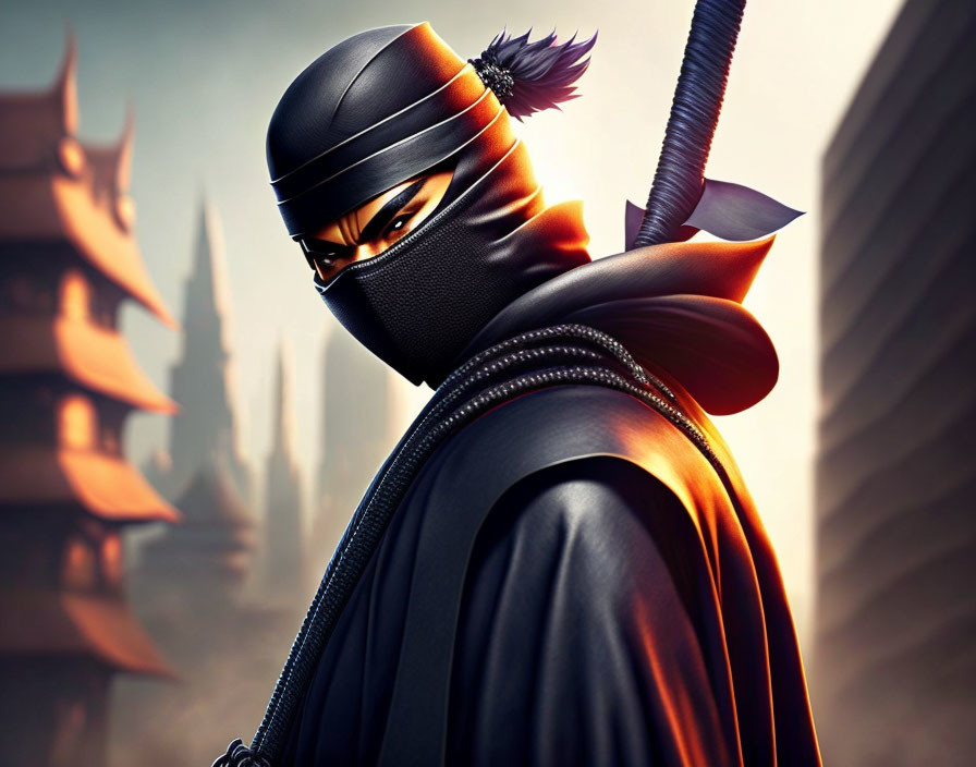 Stylized animated ninja with sword in shadowy temple