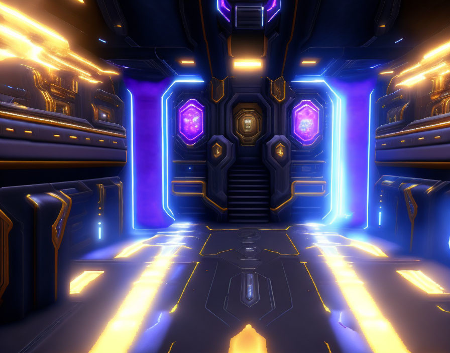 Futuristic corridor with blue and gold lights, purple hexagonal patterns, closed door