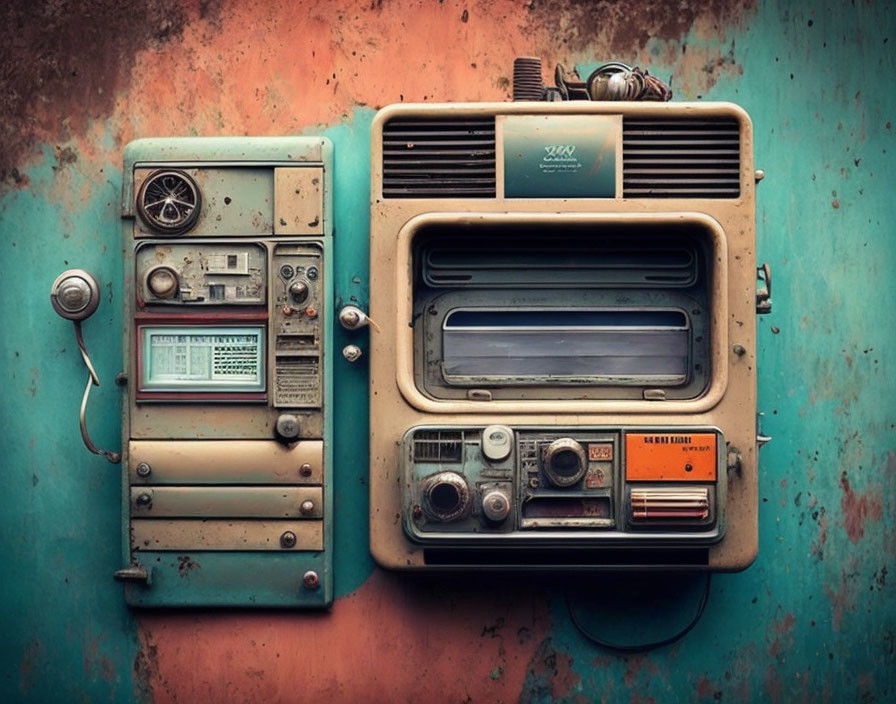 Vintage radios and control panels on distressed teal wall