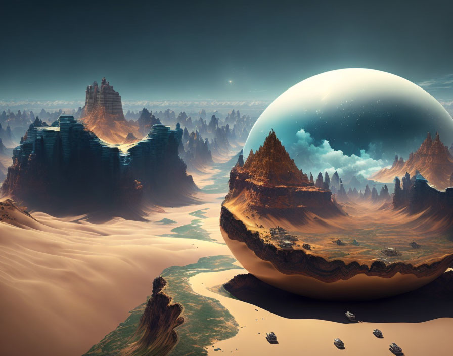 Surreal landscape with large reflective sphere in rocky desert terrain