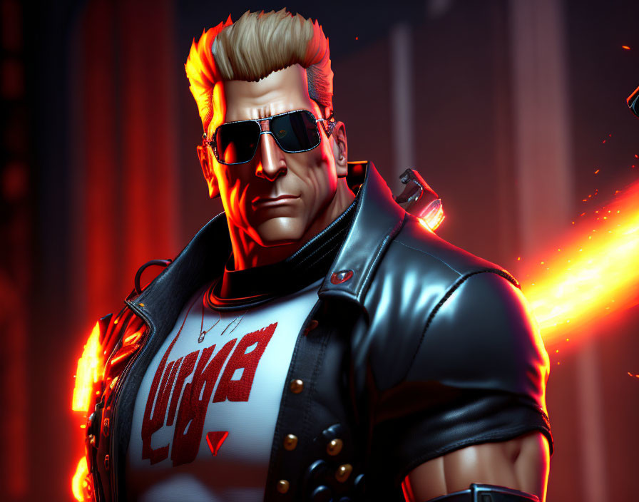 Muscular man with mohawk in leather jacket and sunglasses in dramatic pose with fiery explosion.