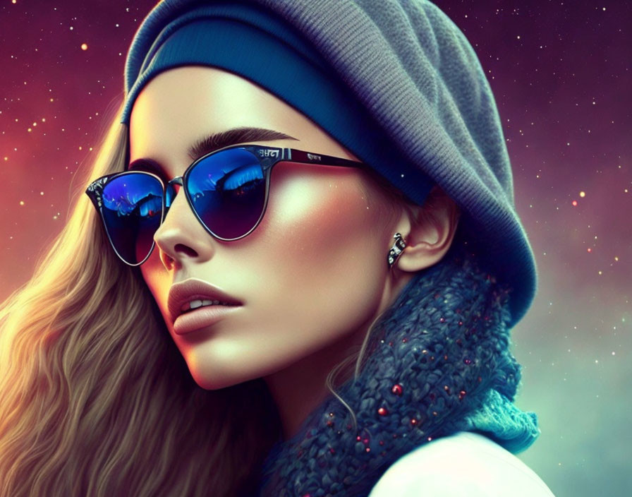 Digital artwork of woman with wavy hair in blue beanie and sunglasses against starry background