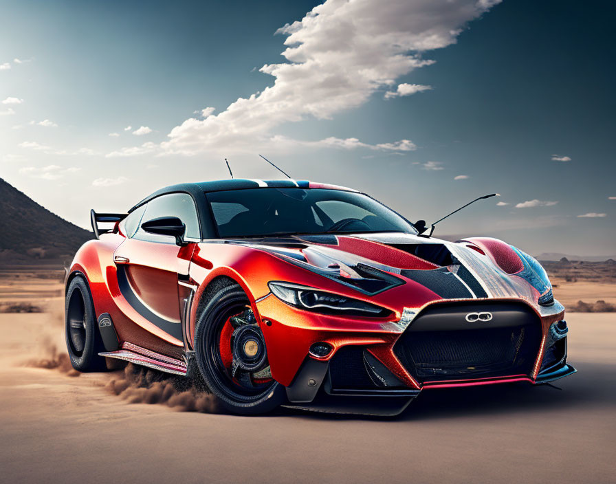 Red and Black Racing Striped Sports Car in Desert Landscape