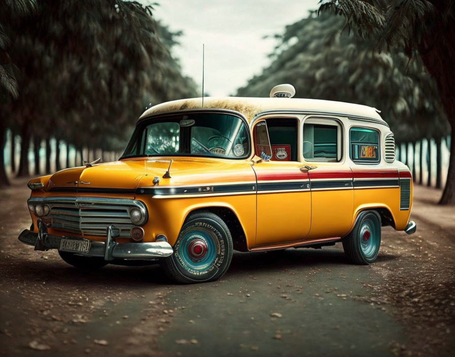 Classic Station Wagon with Surfboard on Tree-Lined Road