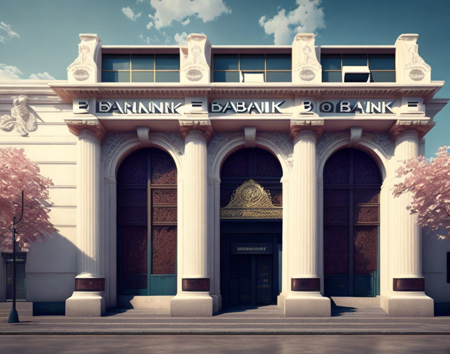 Grand classical building facade with columns, gold door, sculptural details, and pink trees.