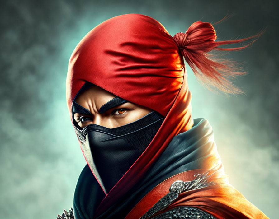 Character with Red Headscarf, Black Mask, and Armor Detail