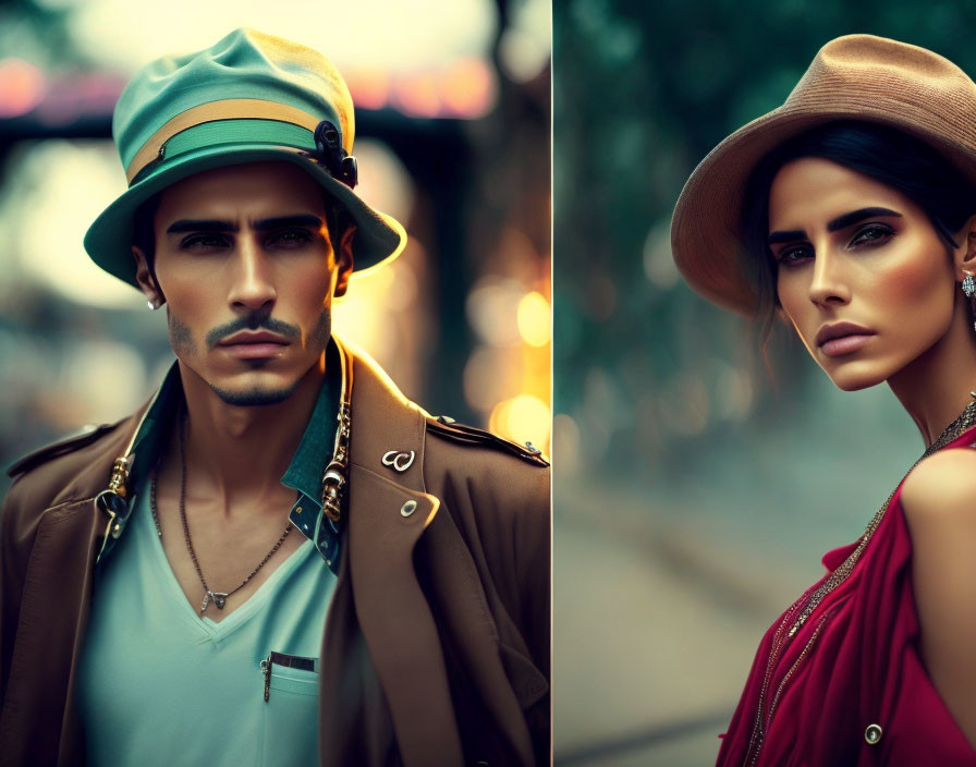 Fashionable man and woman in trendy hats and outfits in urban evening setting