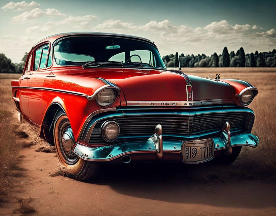 Vintage Red and White Car in Open Field with Muted Sky