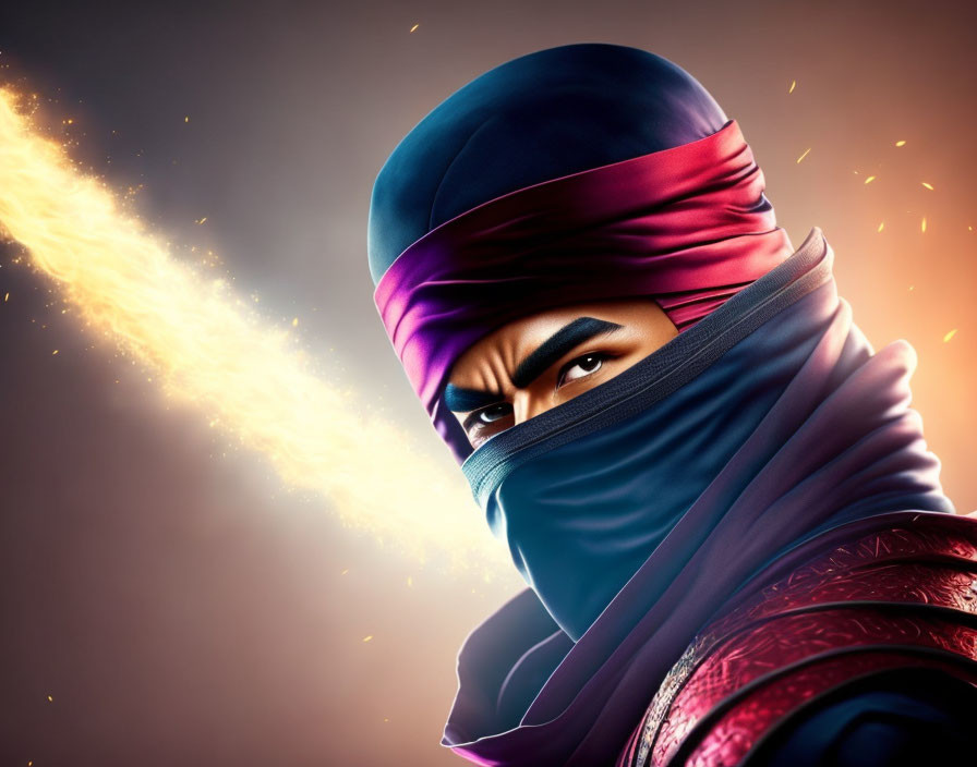 Character in Blue Ninja Mask on Fiery Background