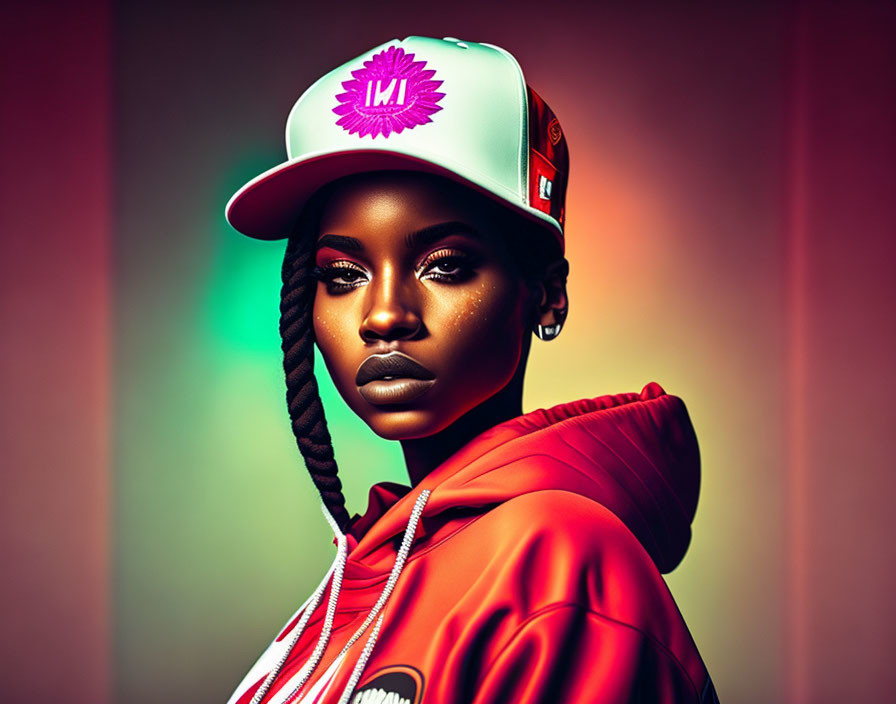 Portrait of woman with bold makeup in cap and hoodie on colorful background