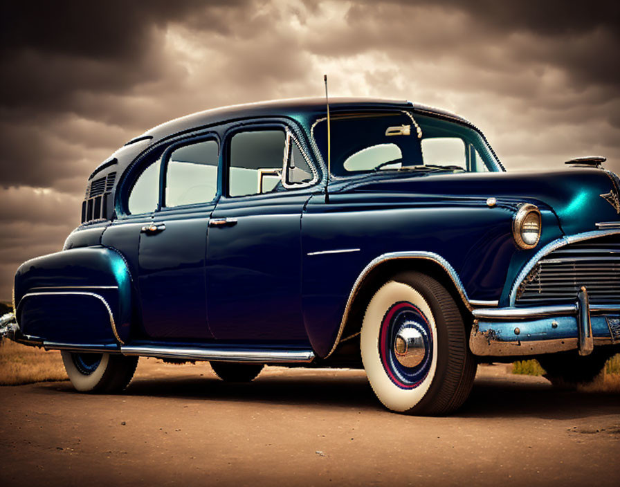 Vintage Blue Car with White-Wall Tires and Chrome Details