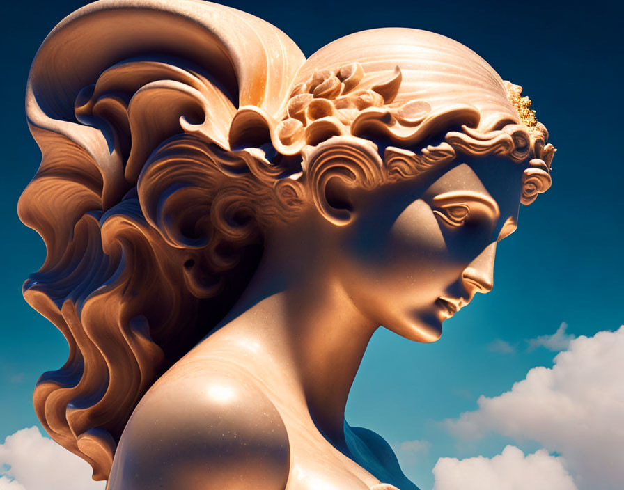 Classical statue with elaborate hair and headband against cloudy sky