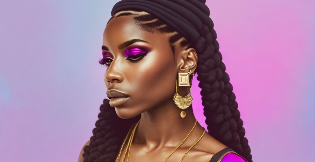 Portrait of Woman with Magenta Eyeshadow and Gold Earrings on Gradient Background