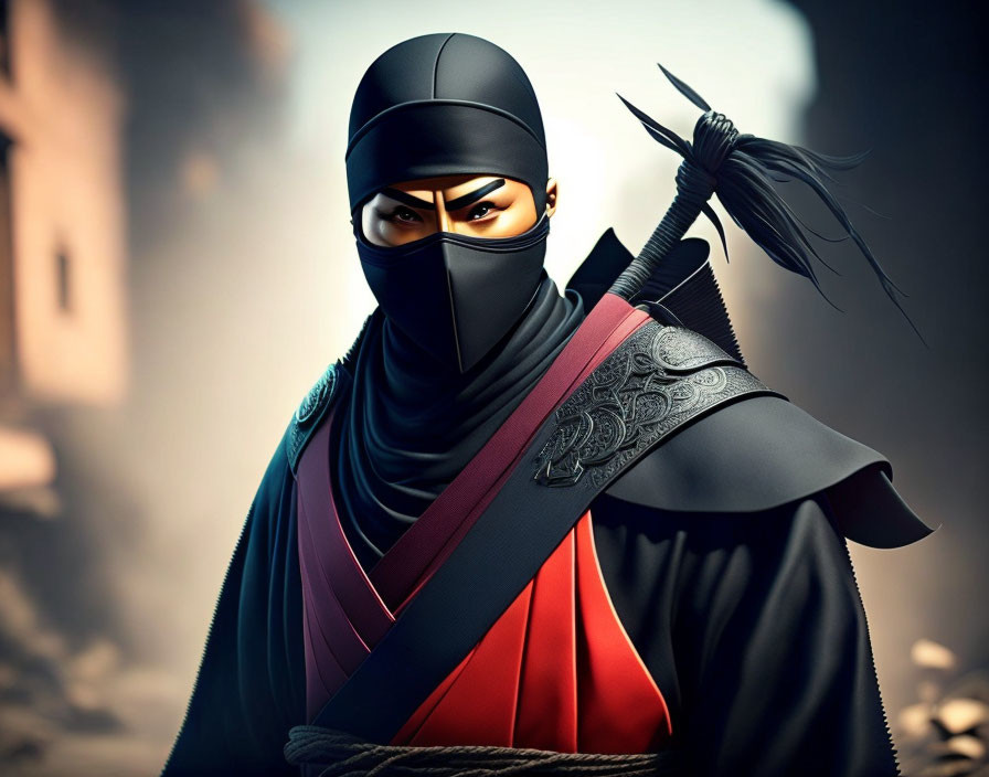 Confident animated ninja with black mask and sword.