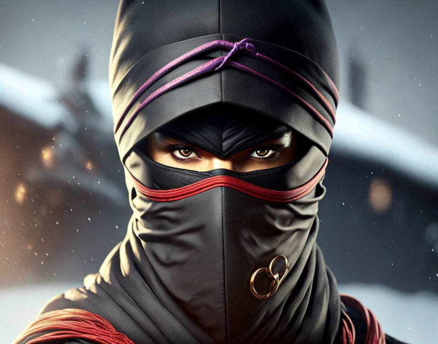 Intense black and red ninja in snowy setting