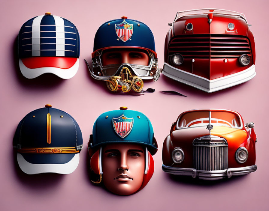 Stylized vintage car and uniform-themed helmets on pink background