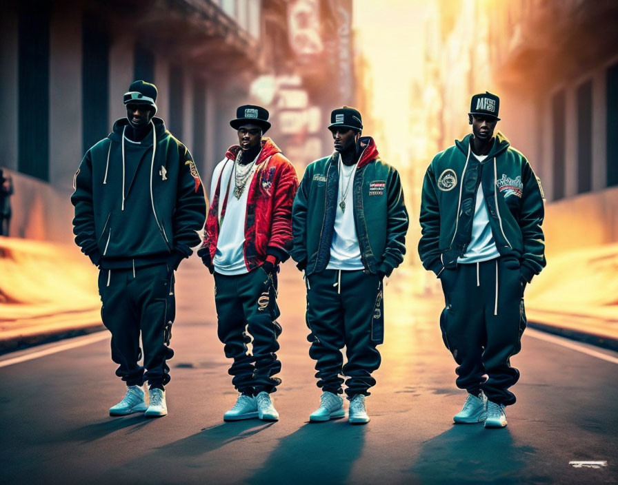 Four individuals in stylish hip-hop attire on street in urban fashion.