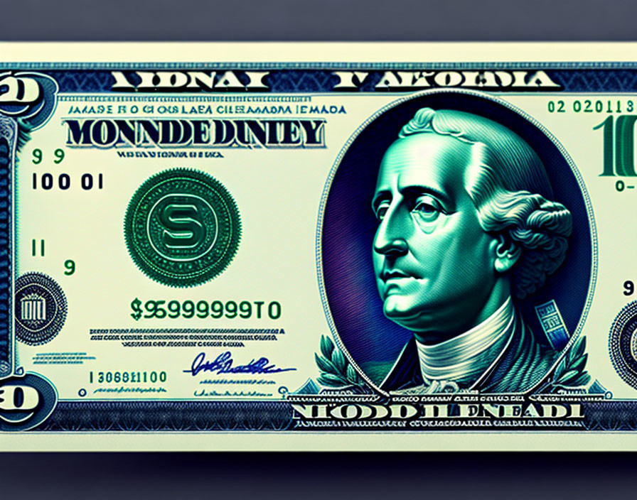 Colorful $100 Bill Artwork with Exaggerated Historical Figure Portrait