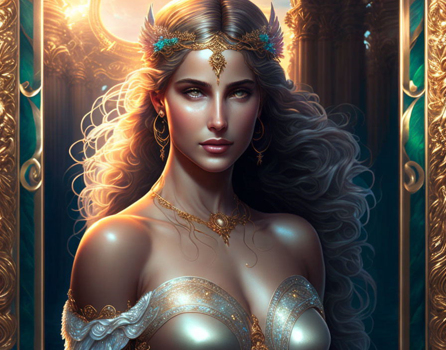 Regal fantasy woman with golden jewelry and crown on ornate background