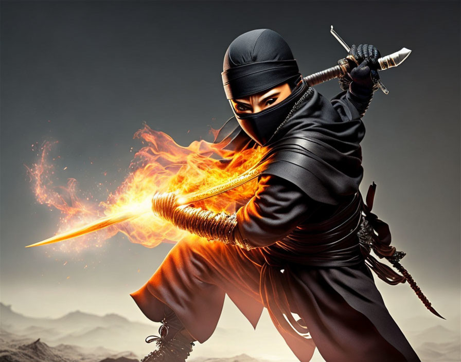 Ninja with Flaming Sword in Dynamic Pose Against Dusky Landscape