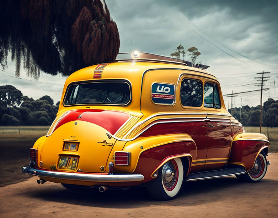 Classic Wood-Paneled Station Wagon Under Moody Sky