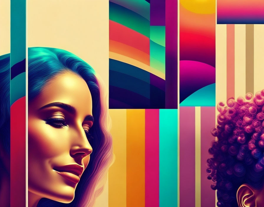 Vibrant digital artwork: Two women profiles with contrasting hairstyles on colorful, striped backdrop