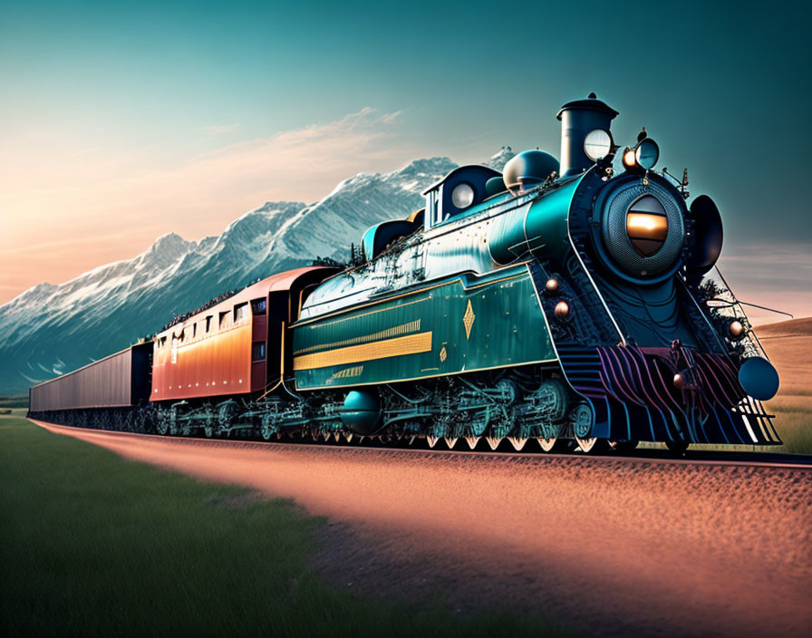 Vintage steam locomotive with ornate detailing in scenic landscape at dusk