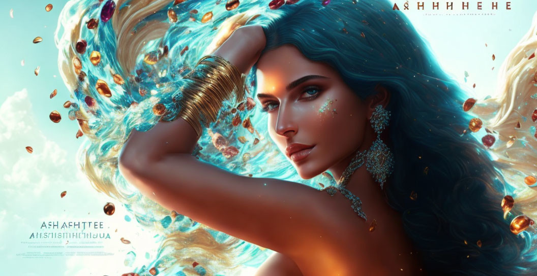 Detailed illustration of woman with long flowing hair, golden bracelets, amber drops, intricate earrings, and confident