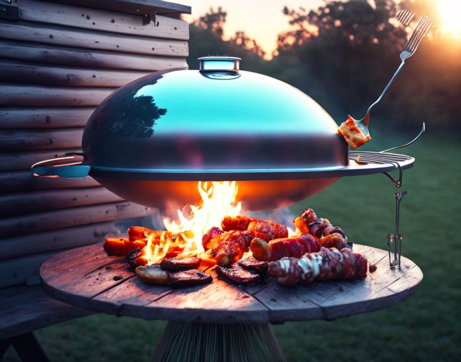 Cooking Various Meats on Kettle Grill at Dusk